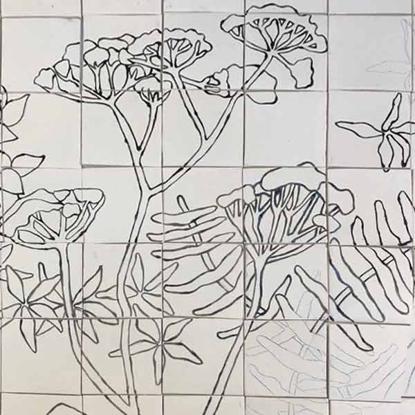 Tracé de la maquette à la main sur les carreaux