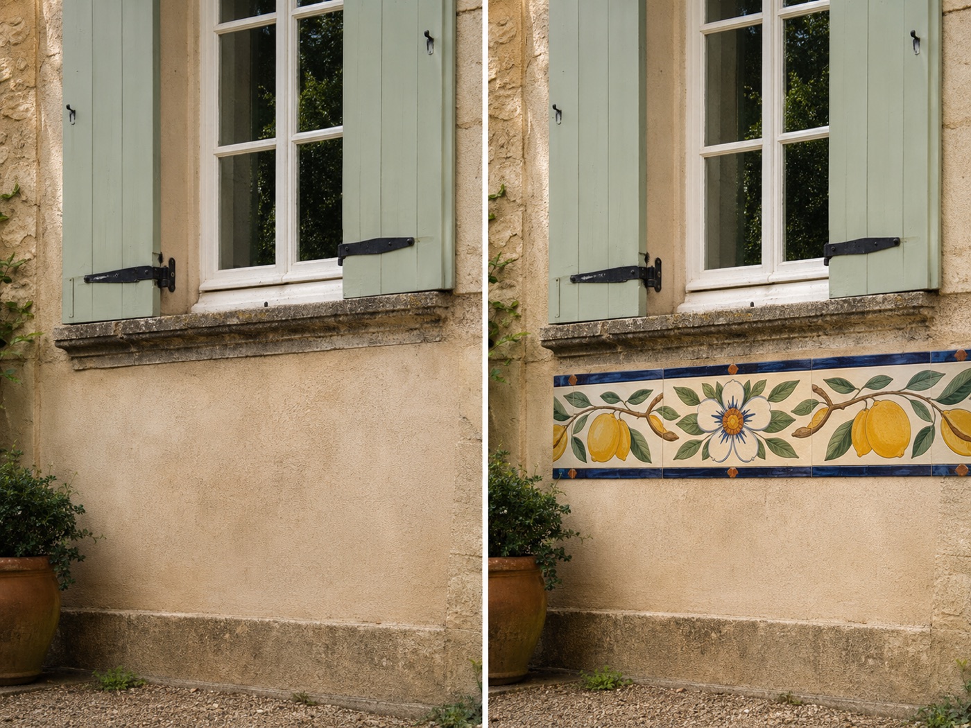 Mur en pierre avant et après la pose d’une frise de citrons en céramique sous la fenêtre