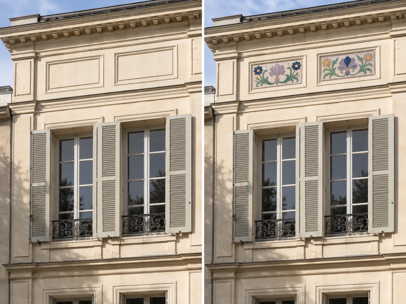 Façade haussmannienne avant et après la pose de panneaux fleuris en céramique sous la corniche