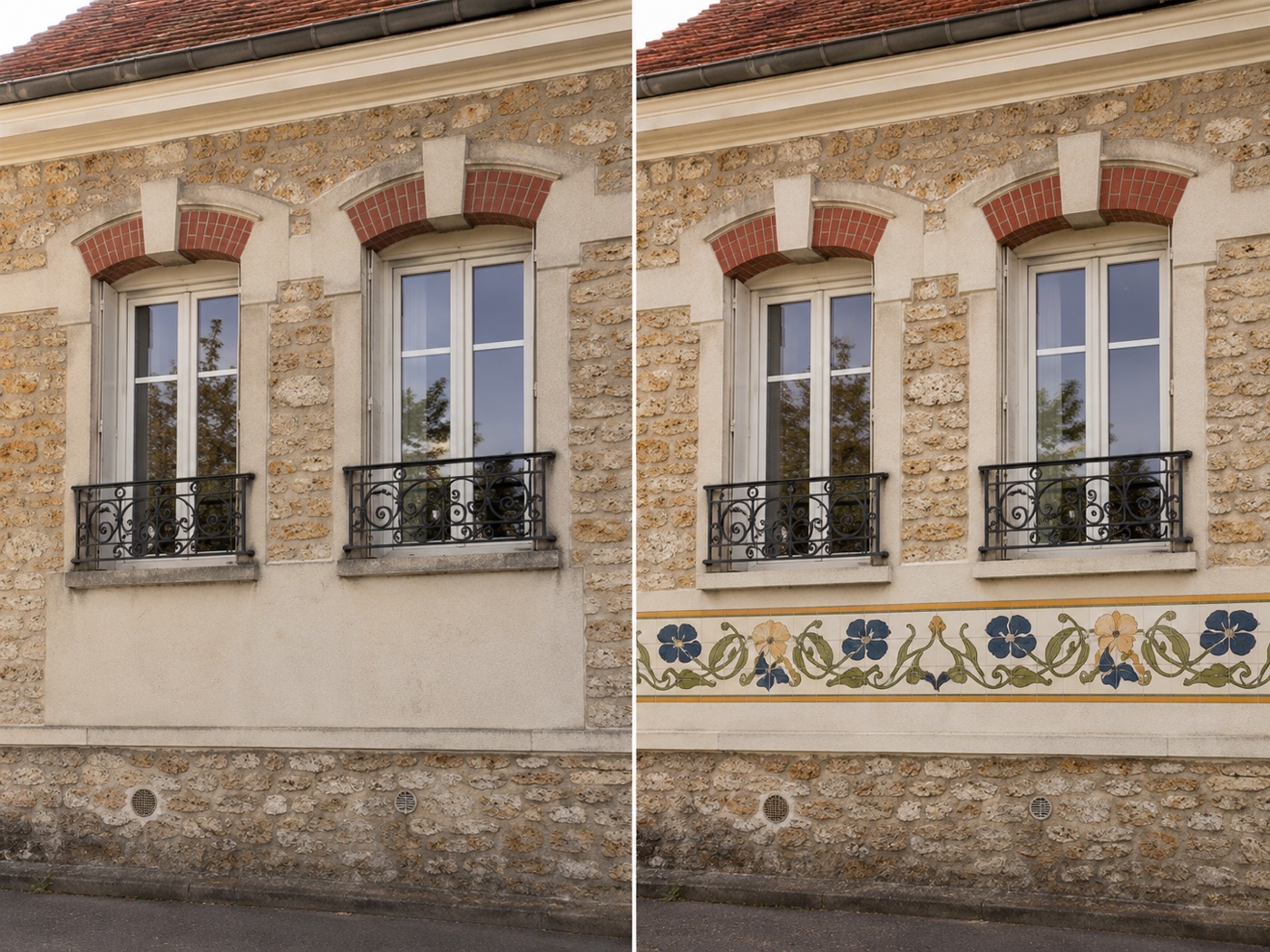 Maison en meulière et brique avant et après la pose d’une frise Art nouveau en céramique au-dessus du soubassement
