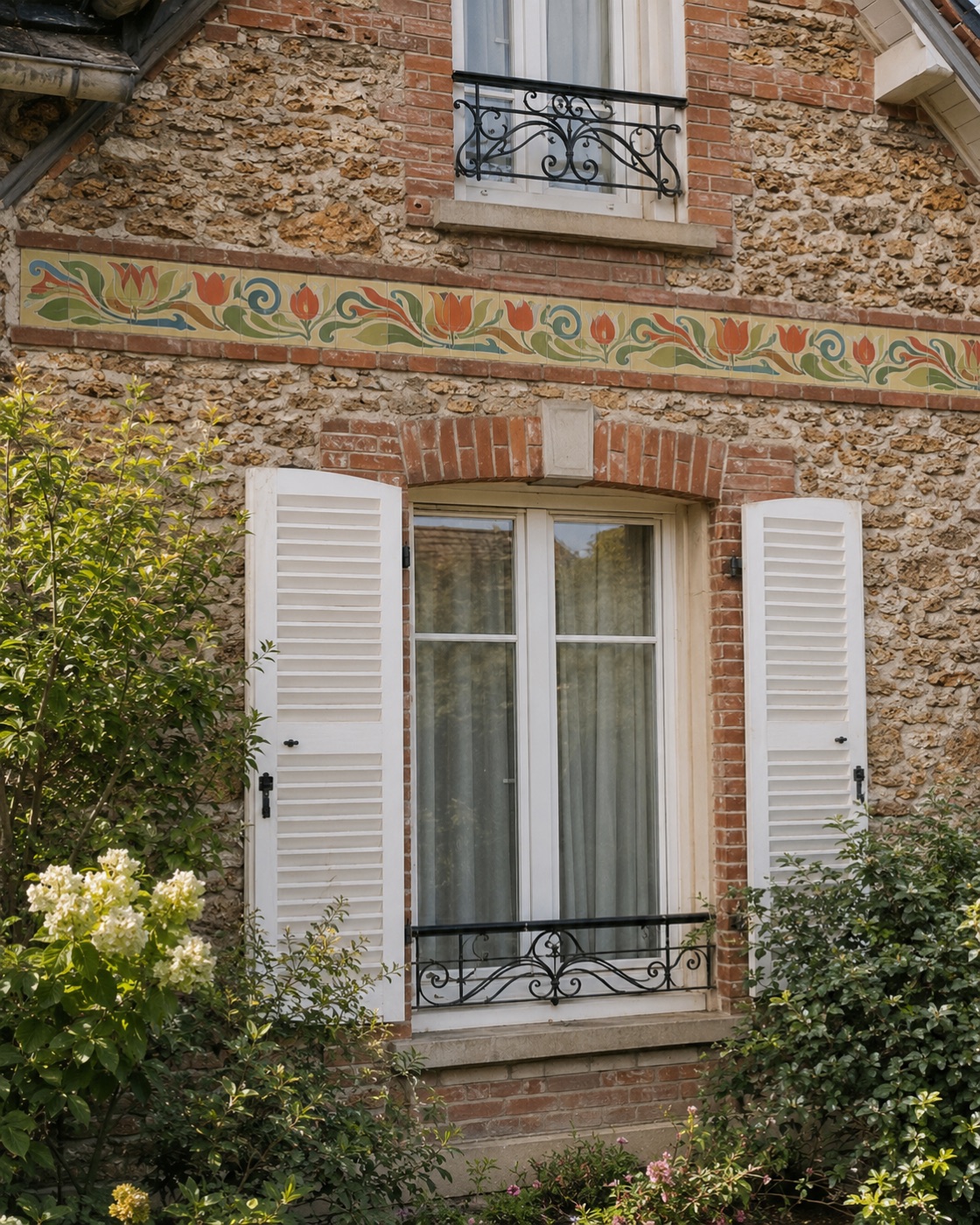 Frise Art Déco en céramique : tulipes stylisées ocre et vert sur une façade de meulière et brique