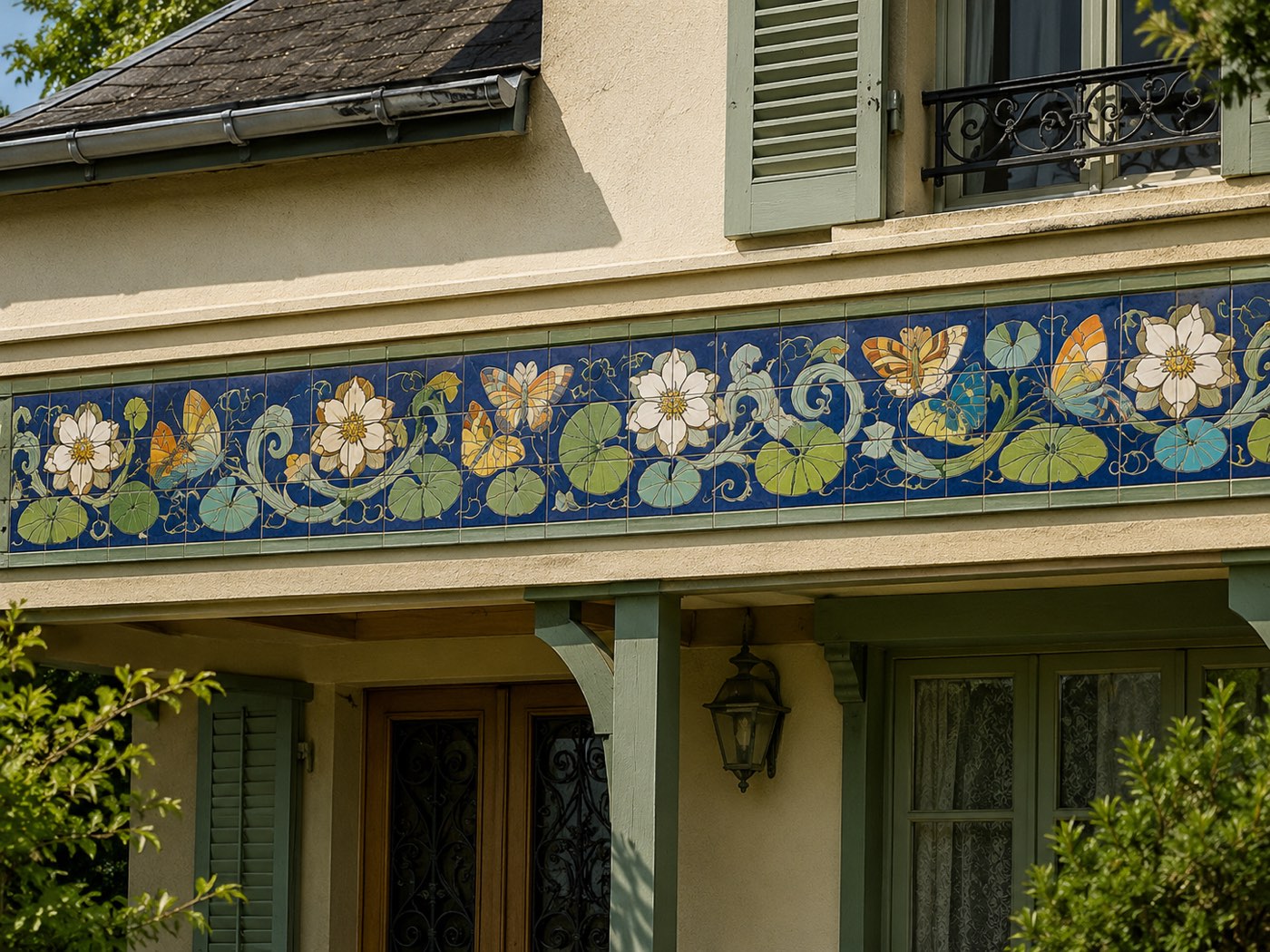 Frise en céramique bleu profond : nymphéas blancs, nénuphars et papillons au-dessus d’une entrée