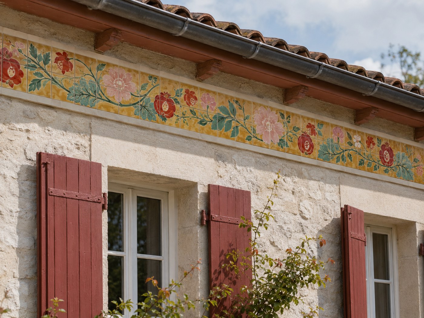 Frise en céramique à guirlande de roses anciennes sur fond ocre, sous la toiture d’une maison en pierre