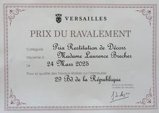 Diplôme du Prix du Ravalement de la Ville de Versailles 2025, catégorie Restitution de décors, décerné à Laurence Brecher
