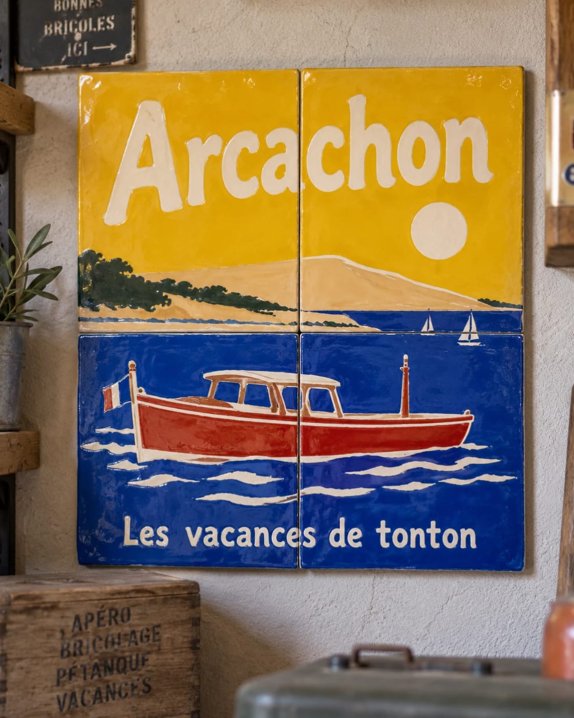 Une idée d’affiche façon voyage en quatre carreaux de céramique « Arcachon », dune du Pilat et pinasse rouge, « Les vacances de tonton », au mur d’un garage