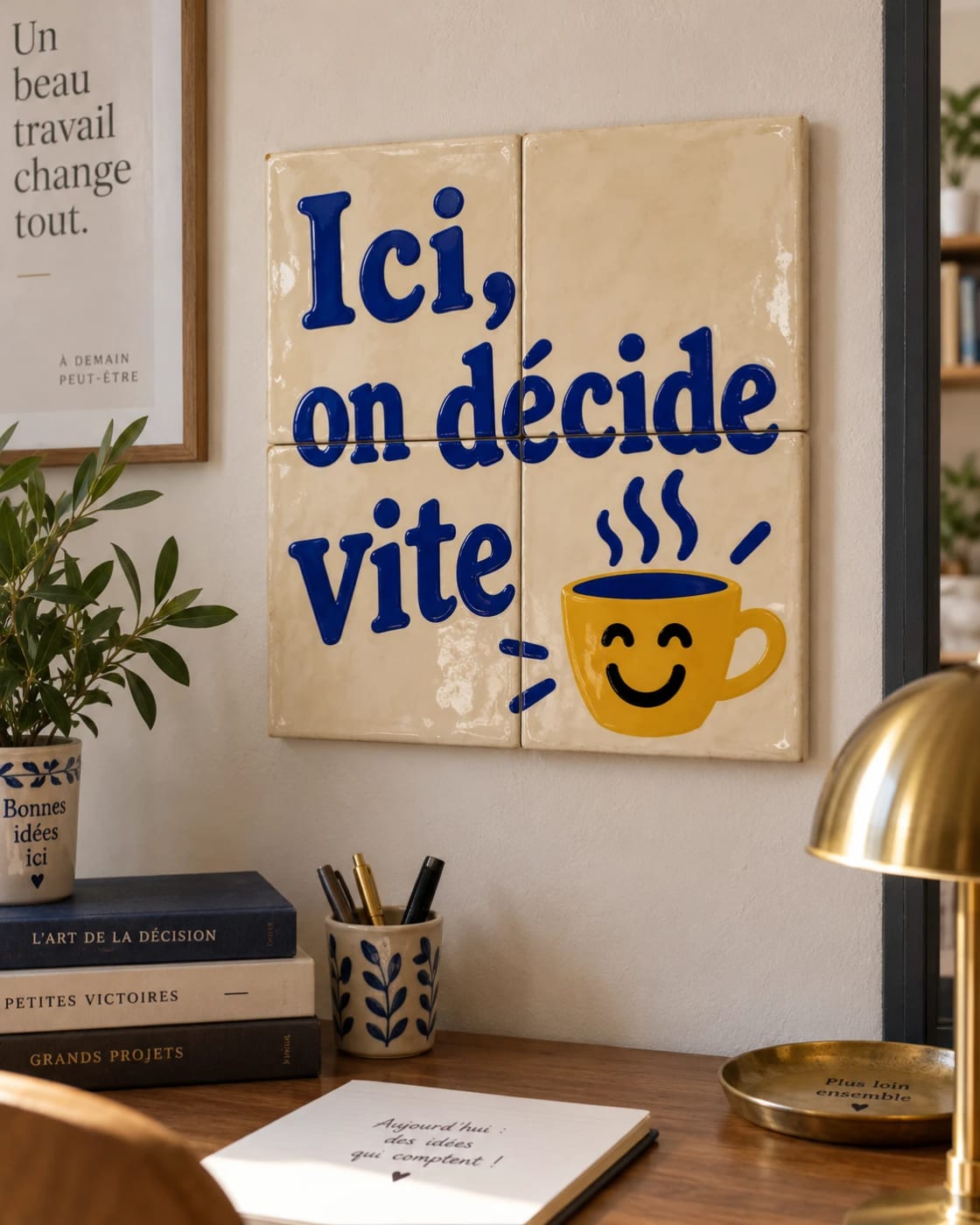 Une idée d’affiche expression en quatre carreaux de céramique « Ici, on décide vite », tasse de café souriante, au mur d’un bureau