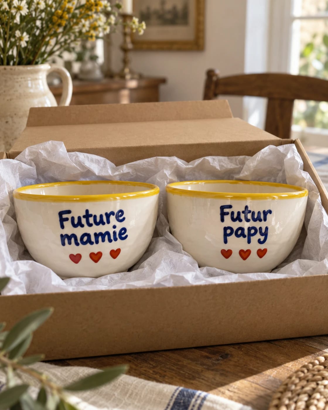 Une idée de deux bols en céramique « Future mamie » et « Futur papy » pour annoncer une grossesse, petits cœurs rouges et bord jaune, dans une boîte cadeau
