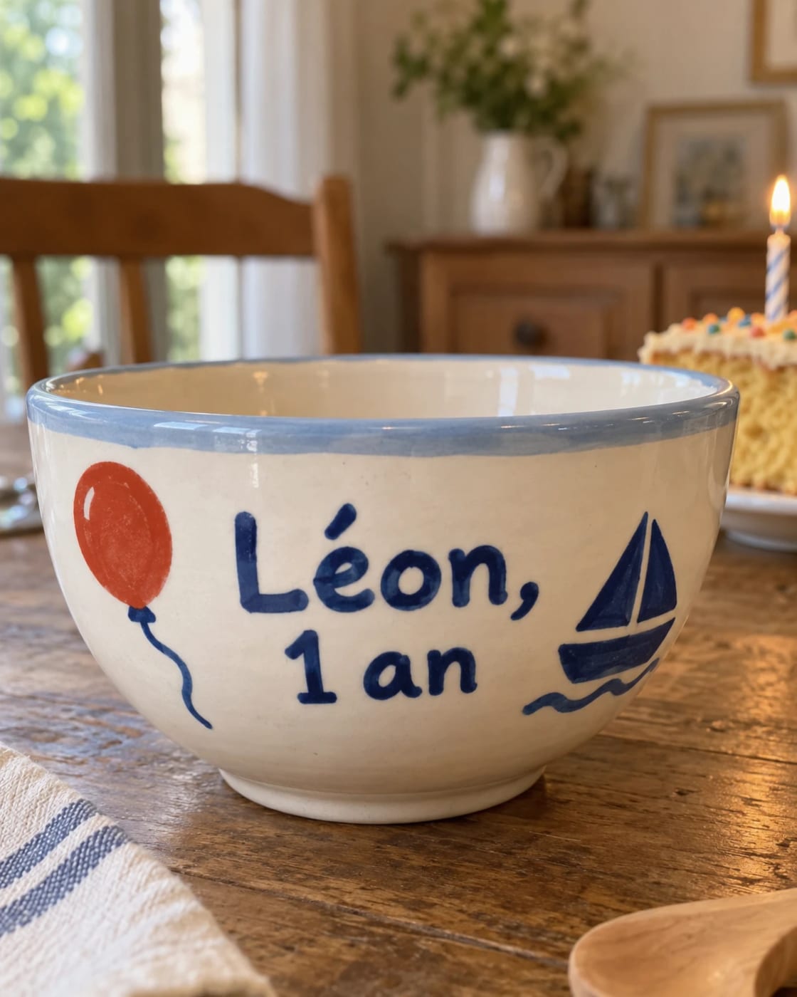 Une idée de bol en céramique pour les 1 an d’un enfant, prénom et « 1 an », ballon rouge et voilier peints à la main, à côté d’un gâteau d’anniversaire