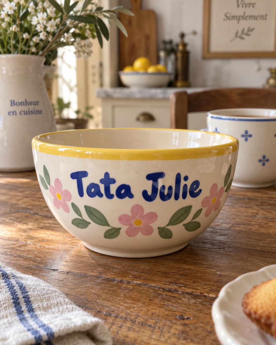 Une idée de bol en céramique pour une tata, « Tata » et un prénom en lettres bleues, guirlande de fleurs roses, bord jaune, sur une table de cuisine