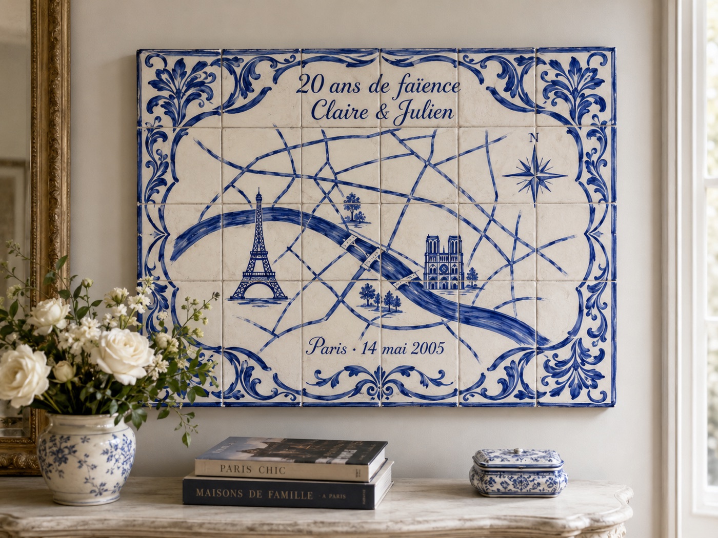 Fresque de noces de porcelaine (20 ans) en céramique émaillée à la main