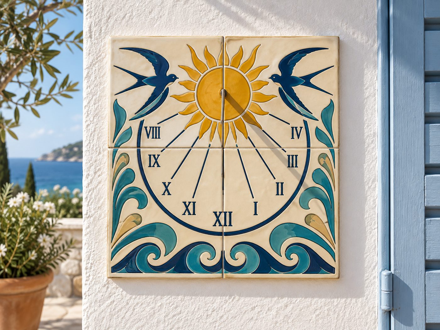 Cadran solaire en céramique, pièce peinte à la main