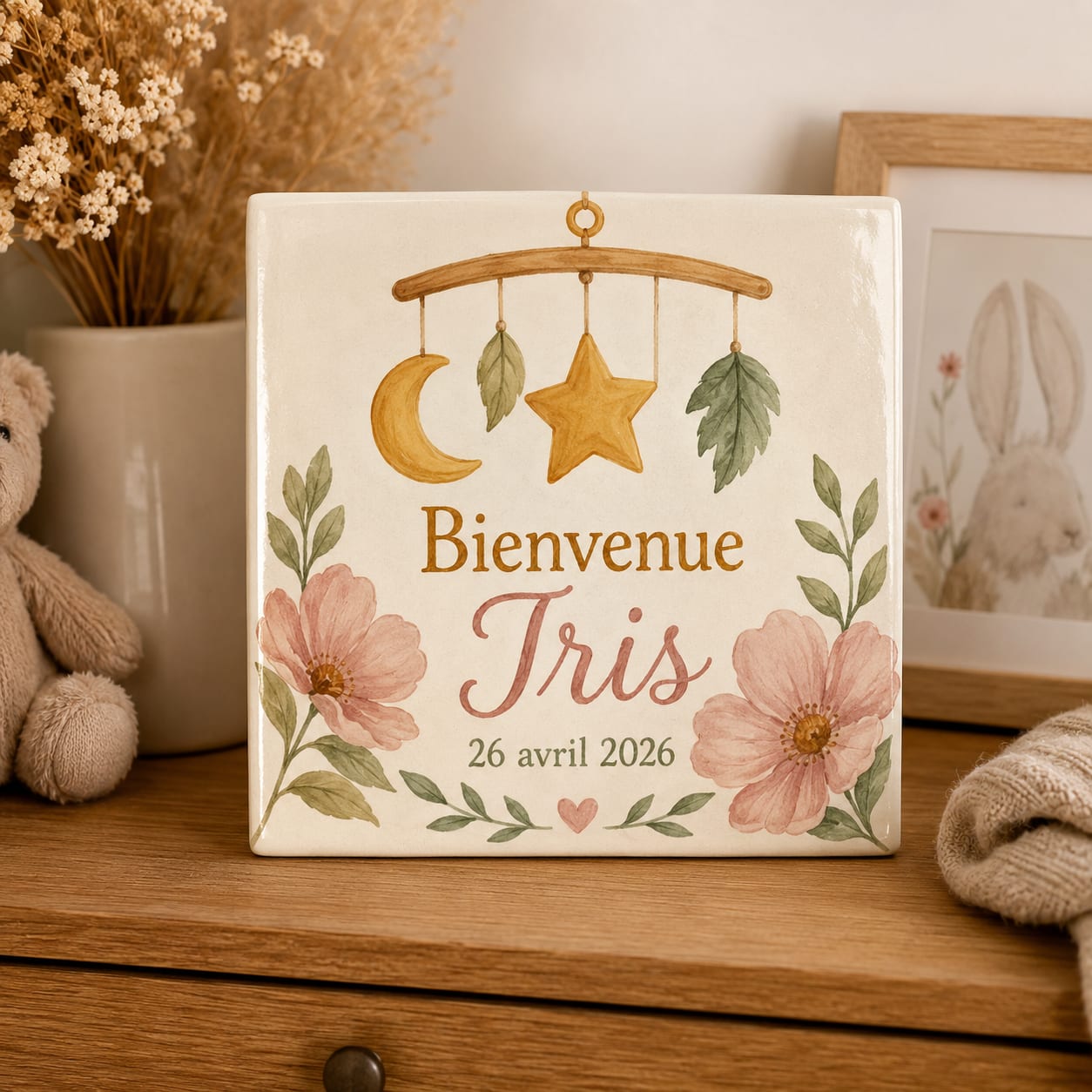 Tableau de naissance en céramique « Bienvenue Iris, 26 avril 2026 », mobile lune et étoile, fleurs roses
