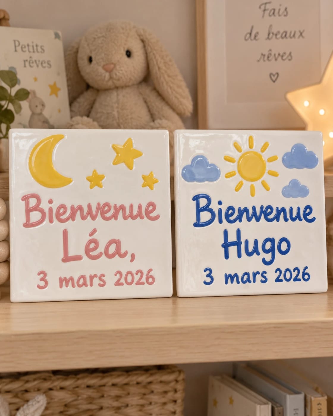 Une idée de deux tableaux de naissance en céramique pour des jumeaux, deux prénoms et une même date, une lune et des étoiles pour l’un, un soleil et des nuages pour l’autre, sur une étagère de chambre d’enfant