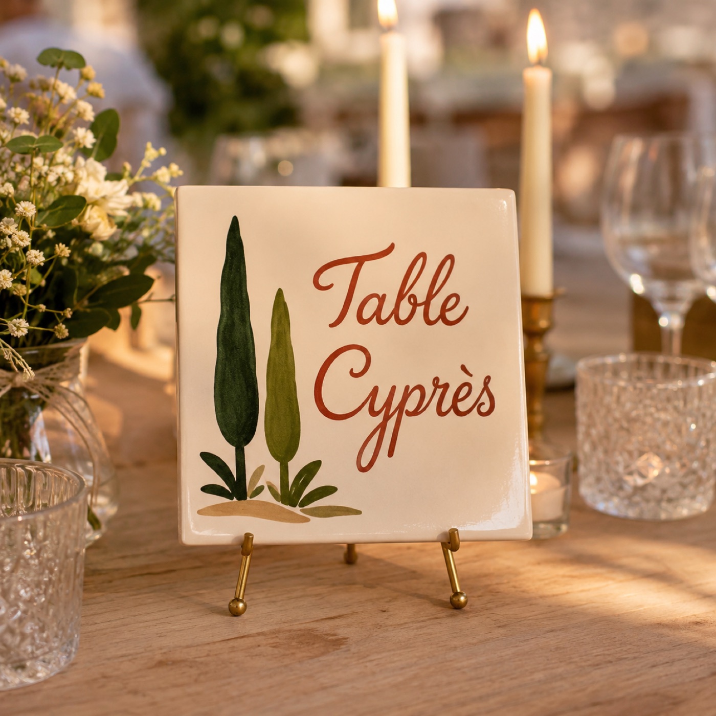 Nom de table « Table Cyprès » en céramique, deux cyprès peints, chandelles au crépuscule