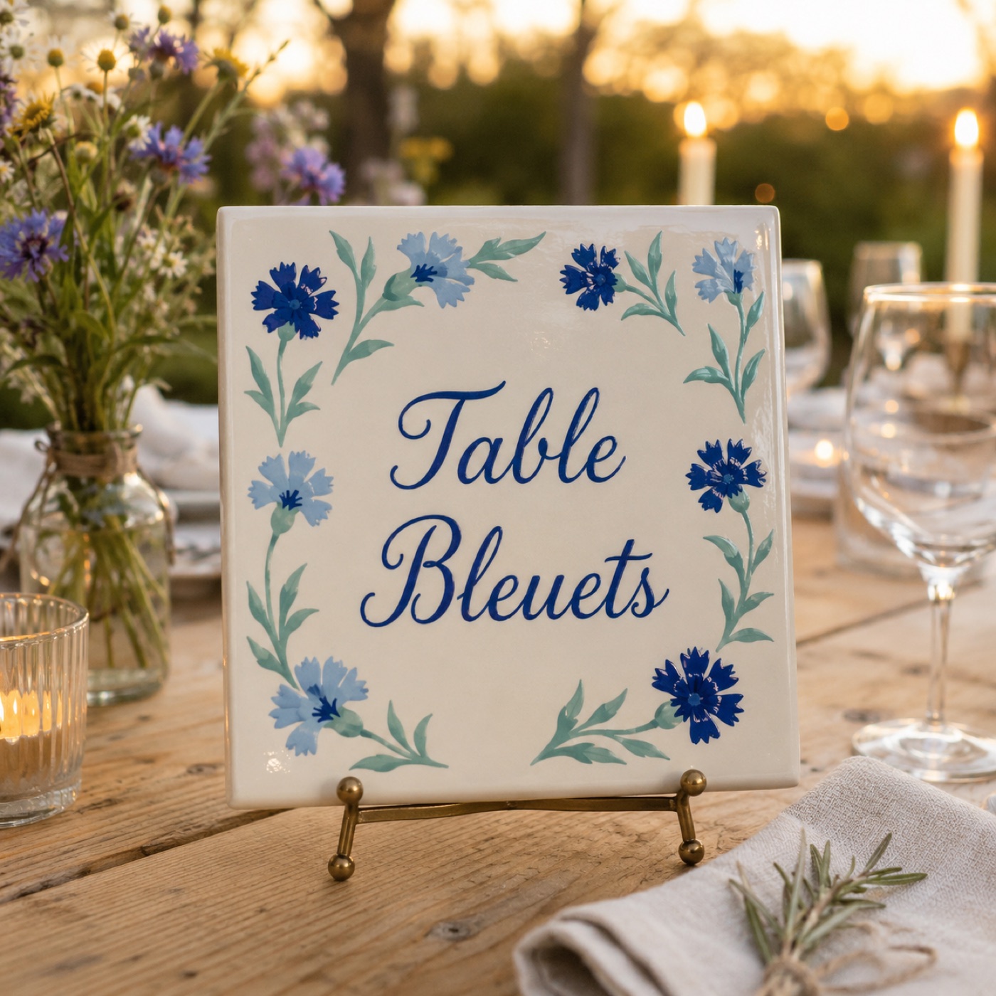 Nom de table « Table Bleuets » en céramique, encadrement de bleuets peints, table en bois brut