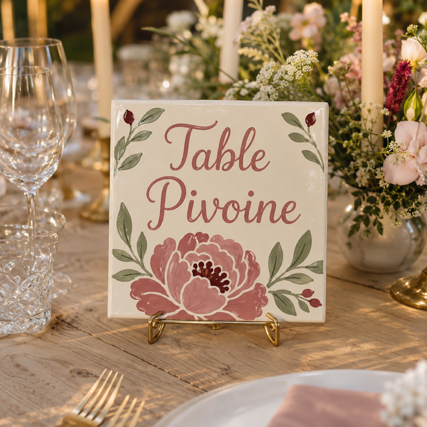 Nom de table « Table Pivoine » en céramique, grande pivoine rose peinte main, fourchettes dorées