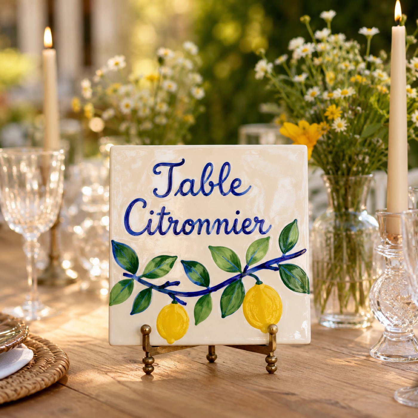 Nom de table « Table Citronnier » en céramique, branche et citrons peints, table en bois clair