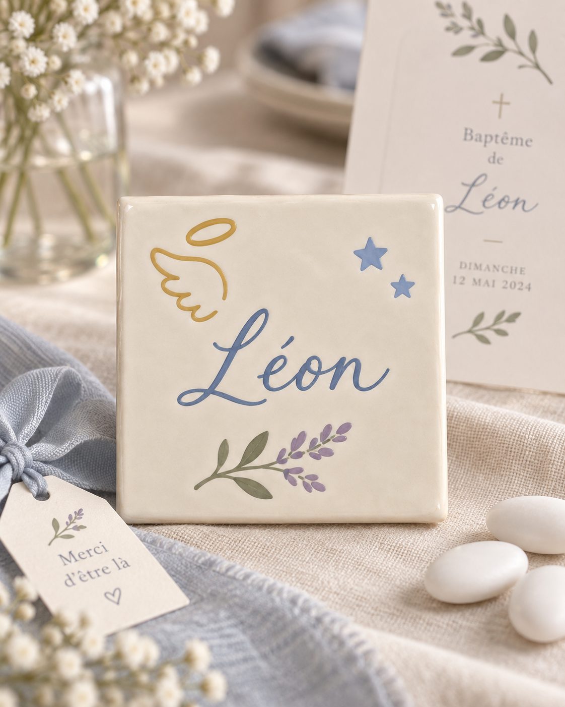 Carreau souvenir de baptême « Léon », ailes d’ange dorées, étoiles et lavande, posé sur la table à côté des dragées et du livret de cérémonie