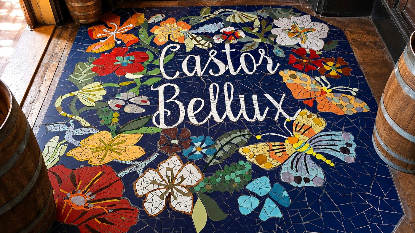 Mosaïque de sol « Castor Bellux » en céramique, fleurs et papillons sur fond bleu nuit, entre deux tonneaux