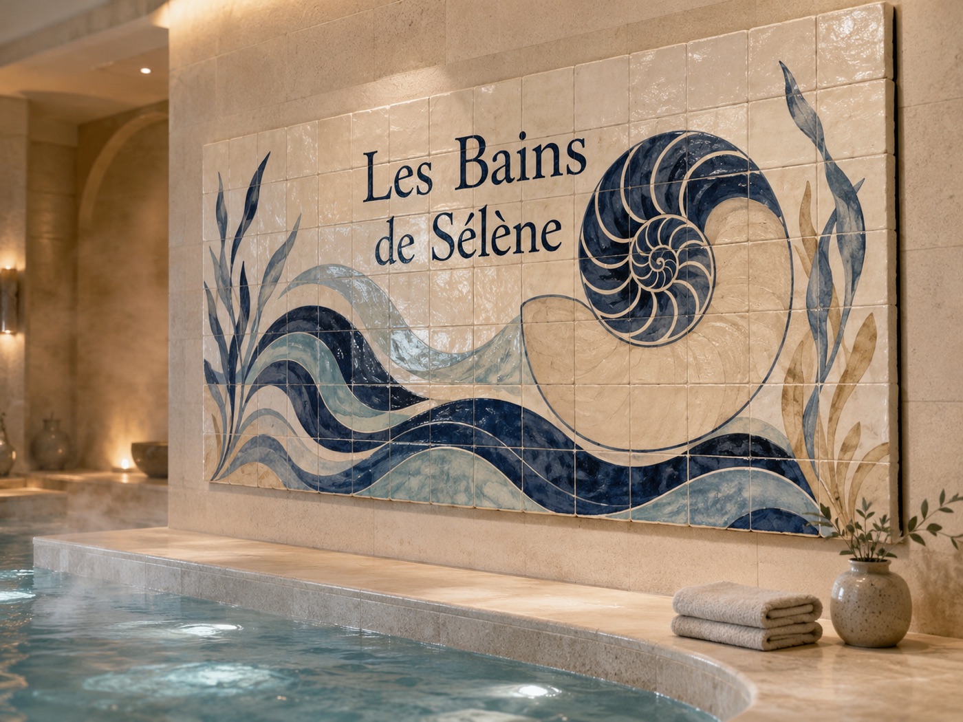 Décor mural de spa ou thalasso en céramique émaillée à la main, vue 2 sur 2