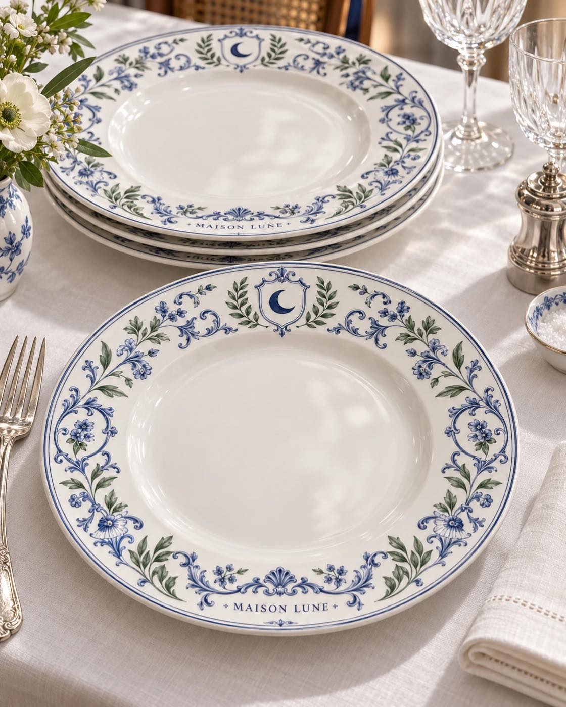 Une idée d’assiettes au blason d’une maison : croissant de lune dans un écusson, frise de rinceaux bleus et de feuillages verts sur le marli