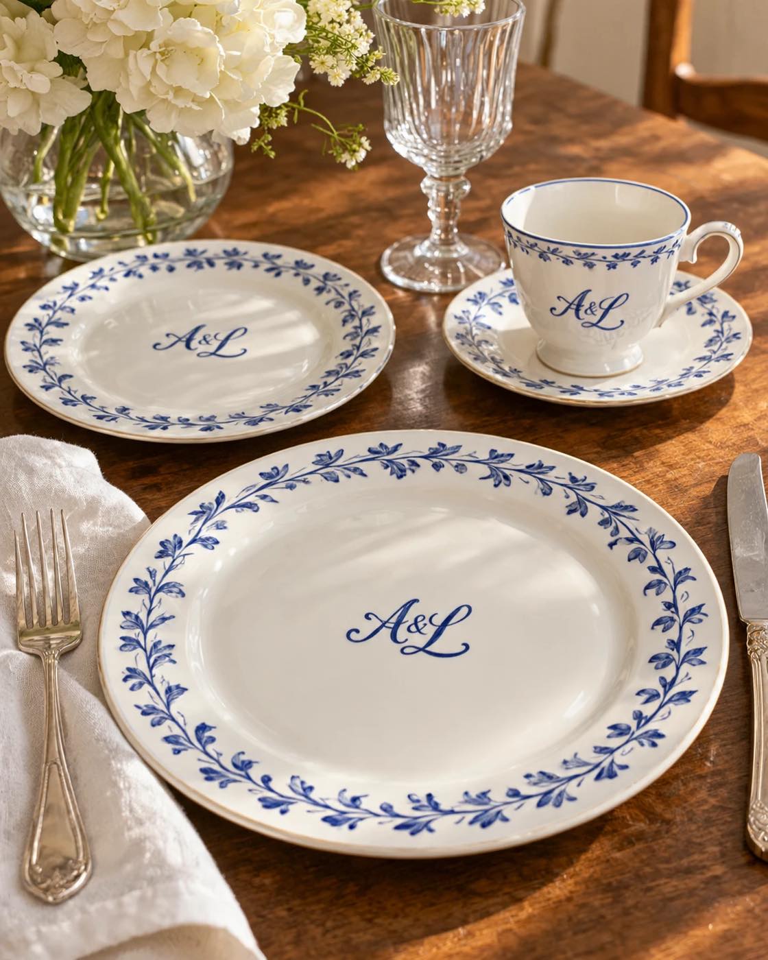 Une idée de service de table au monogramme d’un couple : assiettes, tasse et sous-tasse à guirlande de feuilles bleues