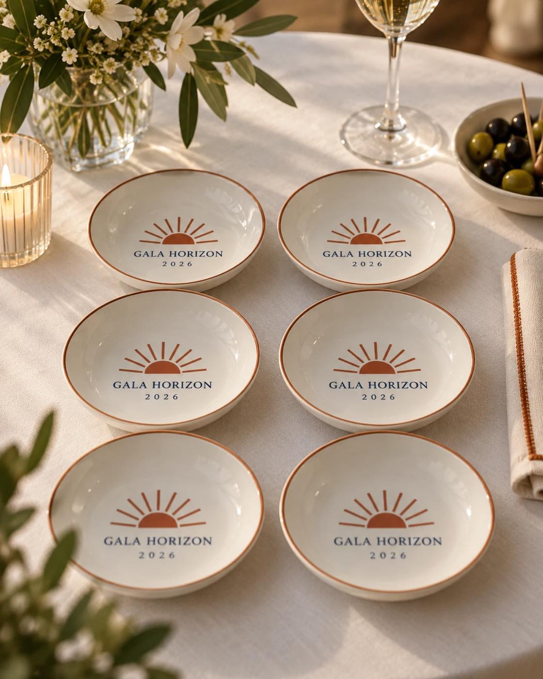 Une idée de coupelles au logo d’un événement : soleil levant terracotta, nom et année de l’événement, filet terracotta
