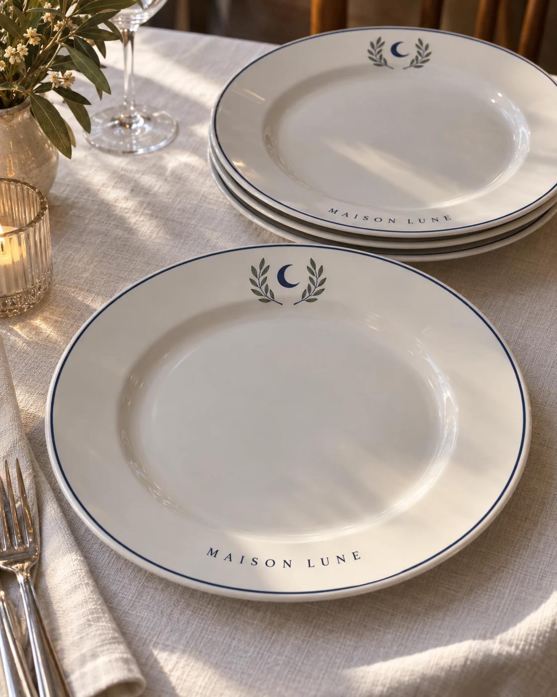 Une idée d’assiettes au logo d’une maison : croissant de lune entre deux rameaux verts et filet bleu, sur une nappe de lin