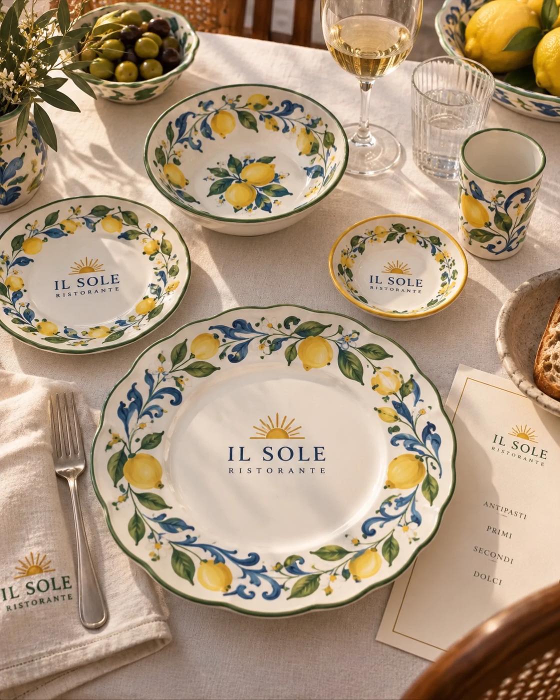 Une idée de service de table au logo d’un restaurant italien : assiettes, coupelles, bol et gobelet à guirlande de citrons et de rinceaux bleus, sur une nappe de lin