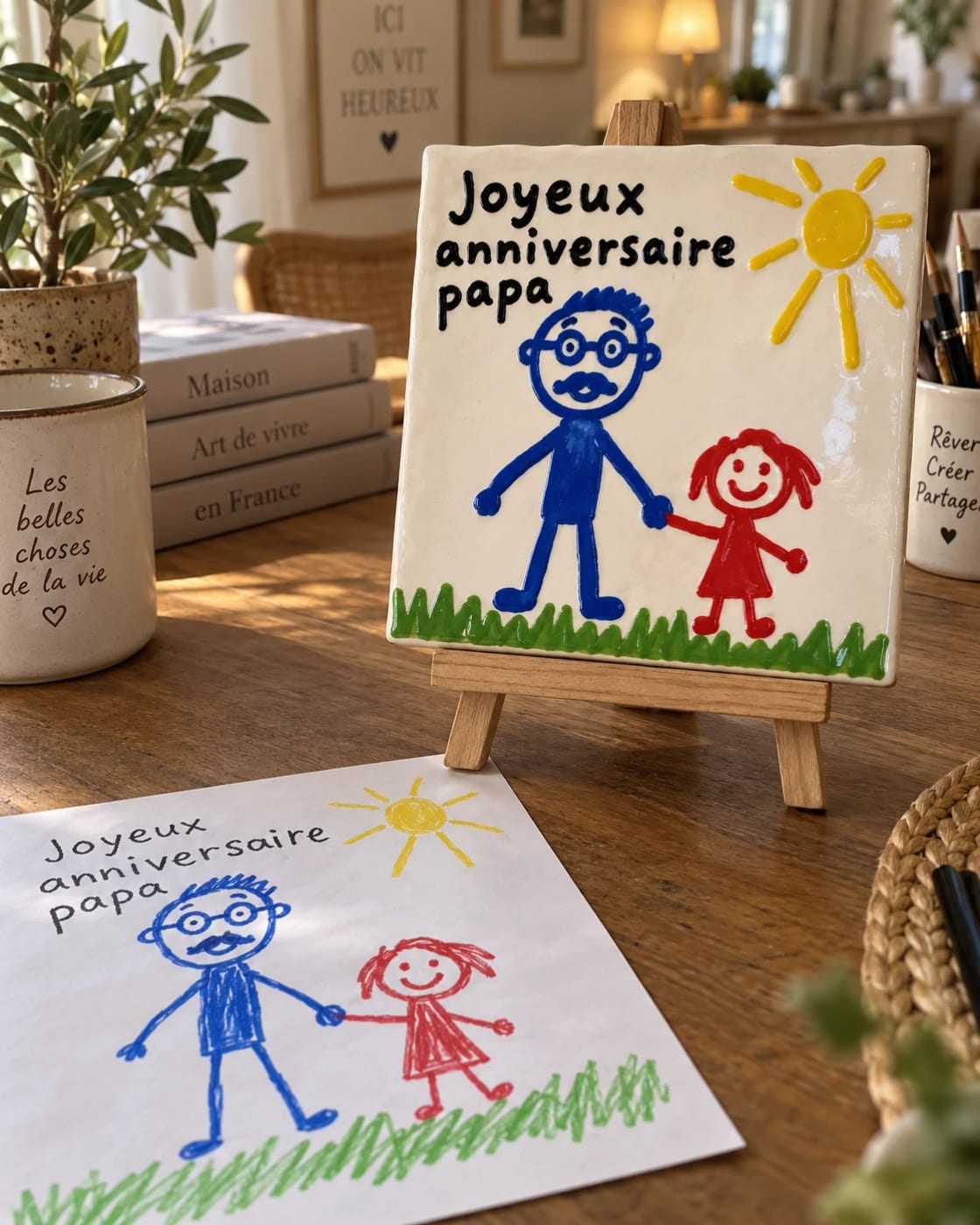 Une idée de carreau en céramique d’après un dessin d’enfant « Joyeux anniversaire papa », un papa à lunettes qui tient la main d’une petite fille, posé sur un chevalet à côté du dessin original