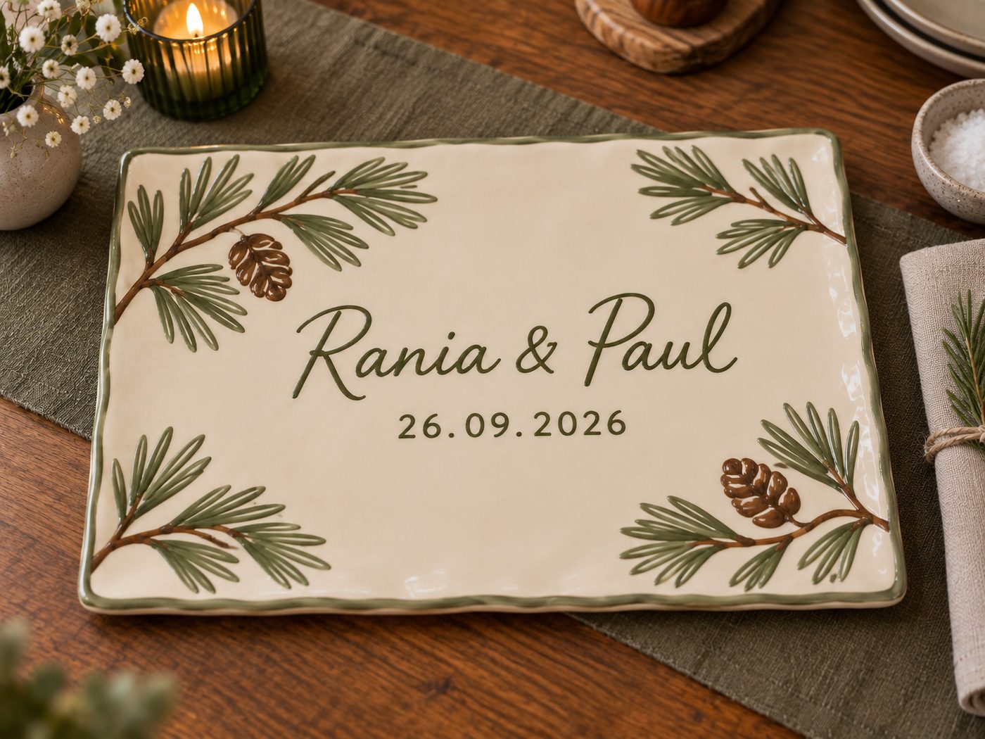 Dessous de plat « Rania & Paul, 26.09.2026 », branches de pin et pommes de pin peintes à la main, bord vert, sur un chemin de table