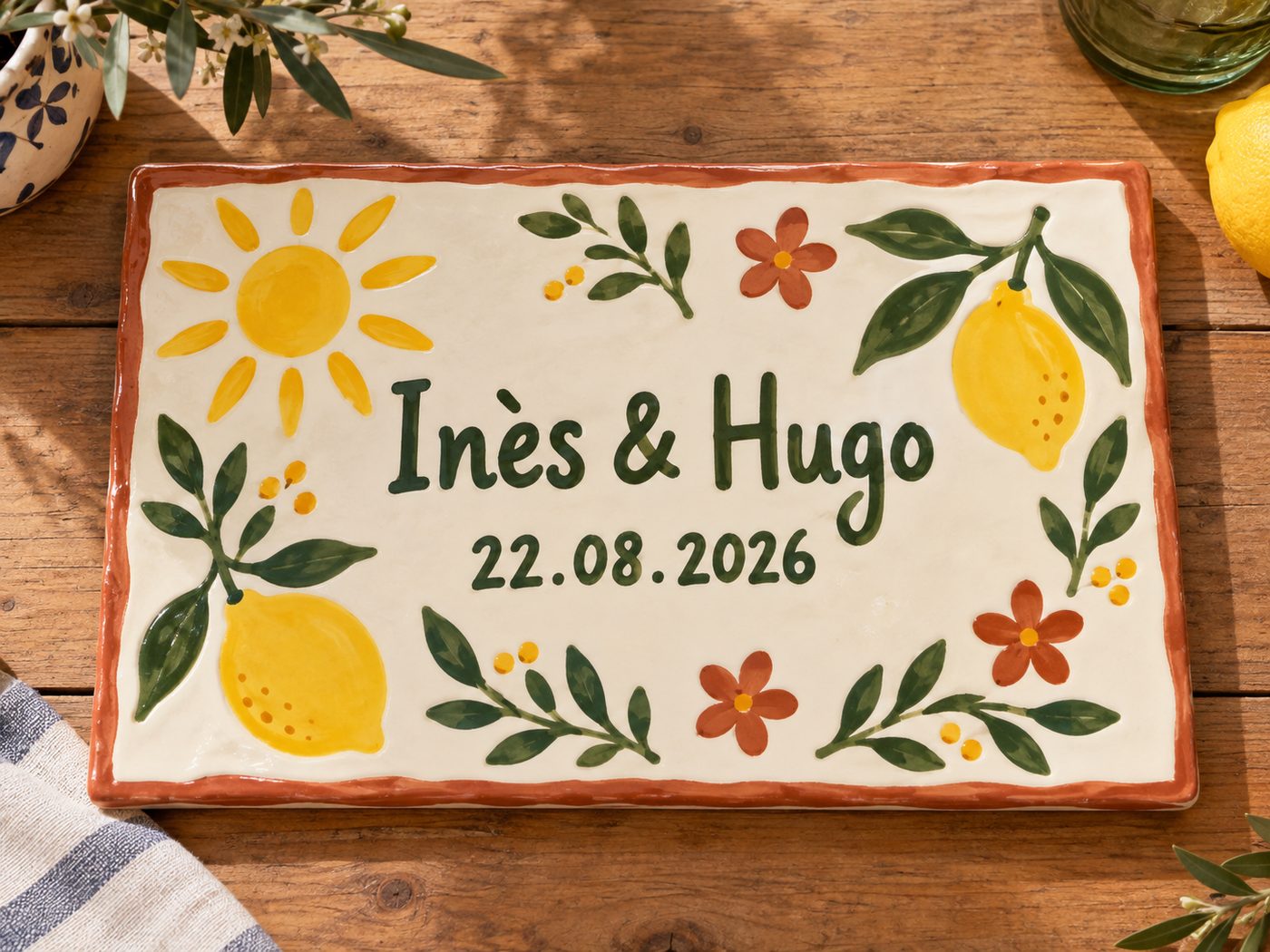 Dessous de plat « Inès & Hugo, 22.08.2026 », citrons, soleil et fleurs rouges, bord terracotta, vu de dessus