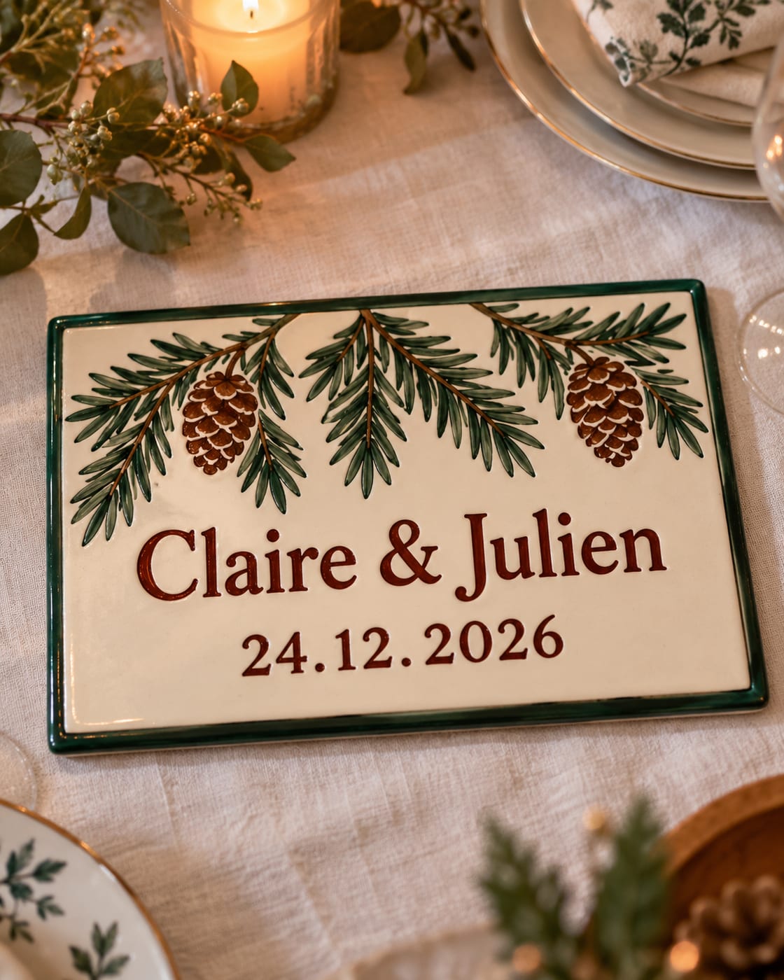 Une idée de dessous de plat de Noël en céramique peint à la main : deux prénoms et une date sous des branches de sapin et deux pommes de pin, bord vert, sur une table de réveillon