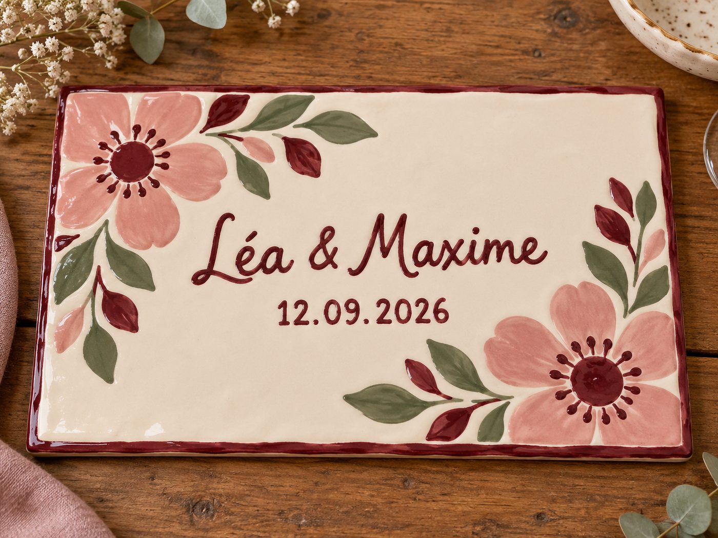 Dessous de plat rectangulaire « Léa & Maxime, 12.09.2026 », anémones roses et feuillage, bord bordeaux, sur une table en bois