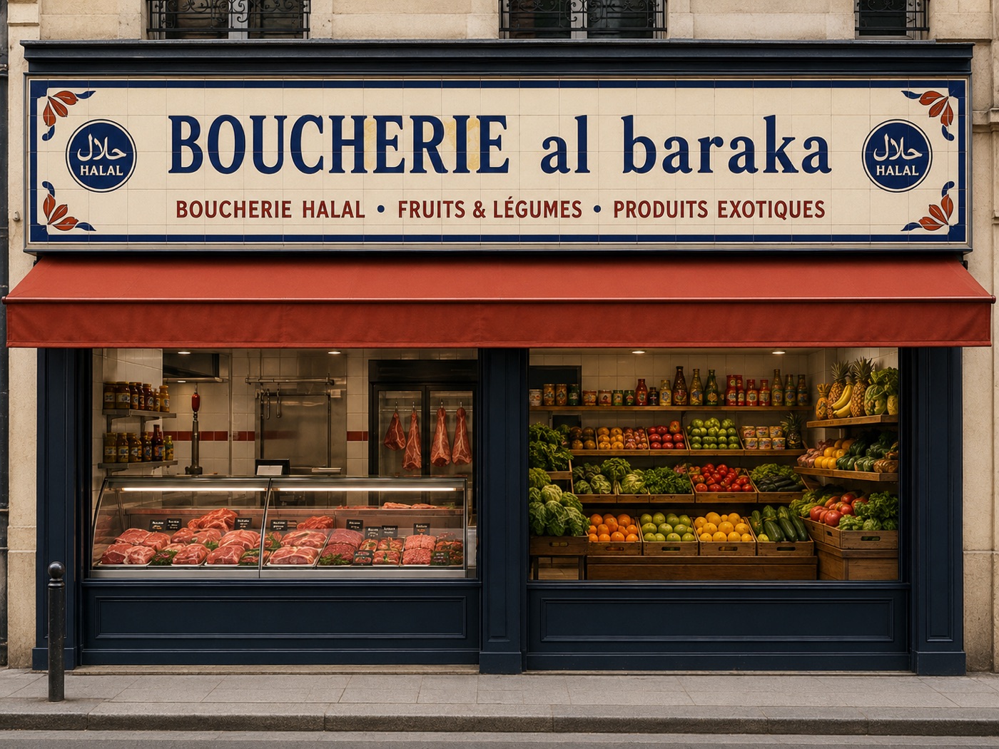Enseigne de boucherie « al baraka » en bandeau de céramique crème aux lettres bleu marine, étals de fruits et légumes