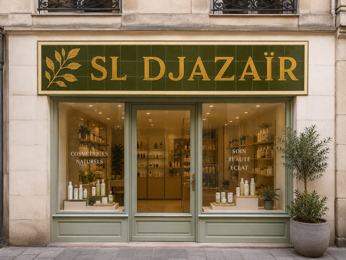 Enseigne de boutique « SL Djazaïr » en carreaux vert olive aux lettres dorées, devanture de cosmétiques naturels