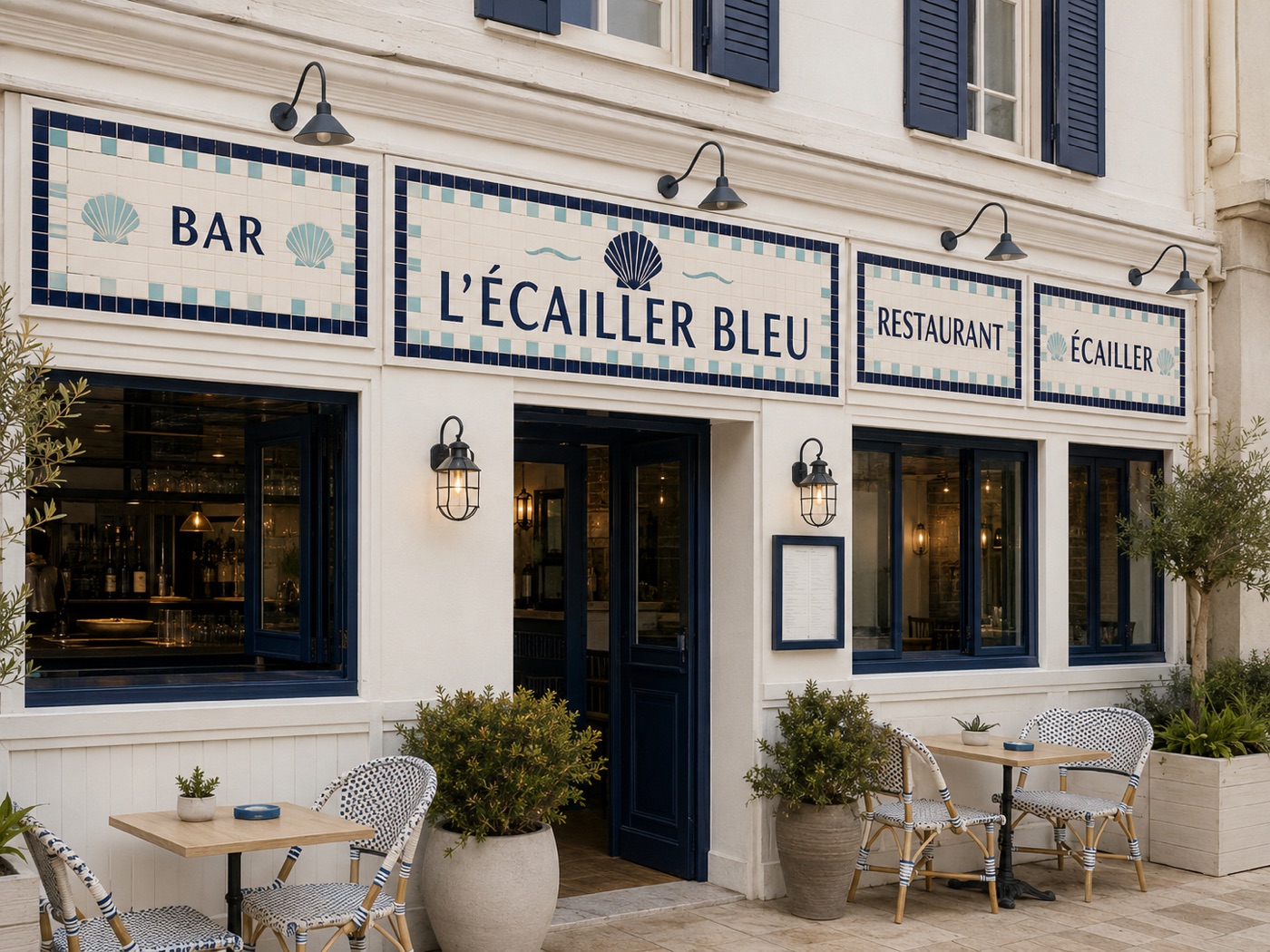 Devanture « L’Écailler Bleu » aux panneaux de céramique à damier bleu et turquoise, terrasse de chaises bistrot
