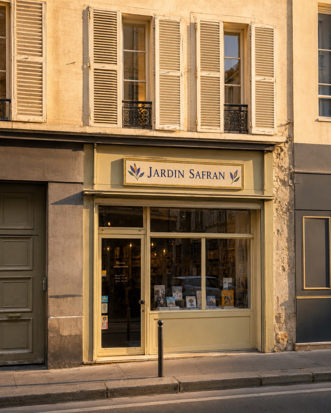 Enseigne de librairie « Jardin Safran » en céramique crème aux crocus violets, devanture jaune pâle