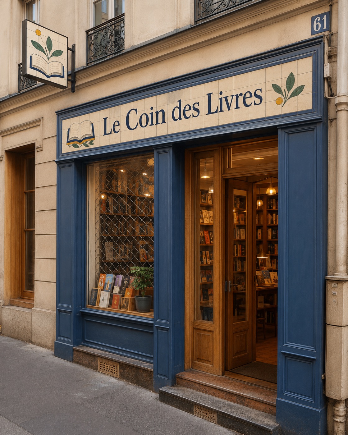 Enseigne de librairie « Le Coin des Livres » en céramique, livre ouvert peint à la main, devanture bleu foncé