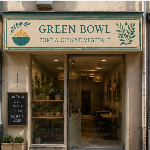 Enseigne « Green Bowl » en céramique crème aux lettres vertes, motifs de bols et de branches