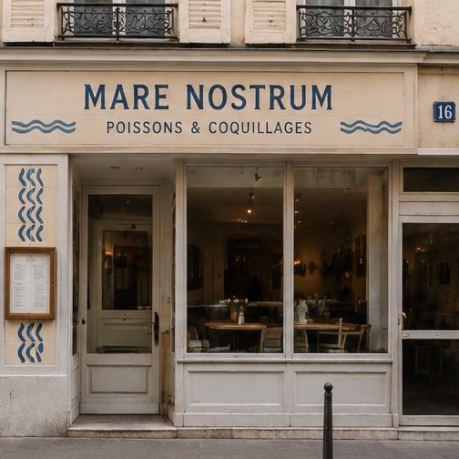 Enseigne de restaurant « Mare Nostrum, poissons et coquillages » aux lettres bleues et vagues peintes, devanture parisienne crème