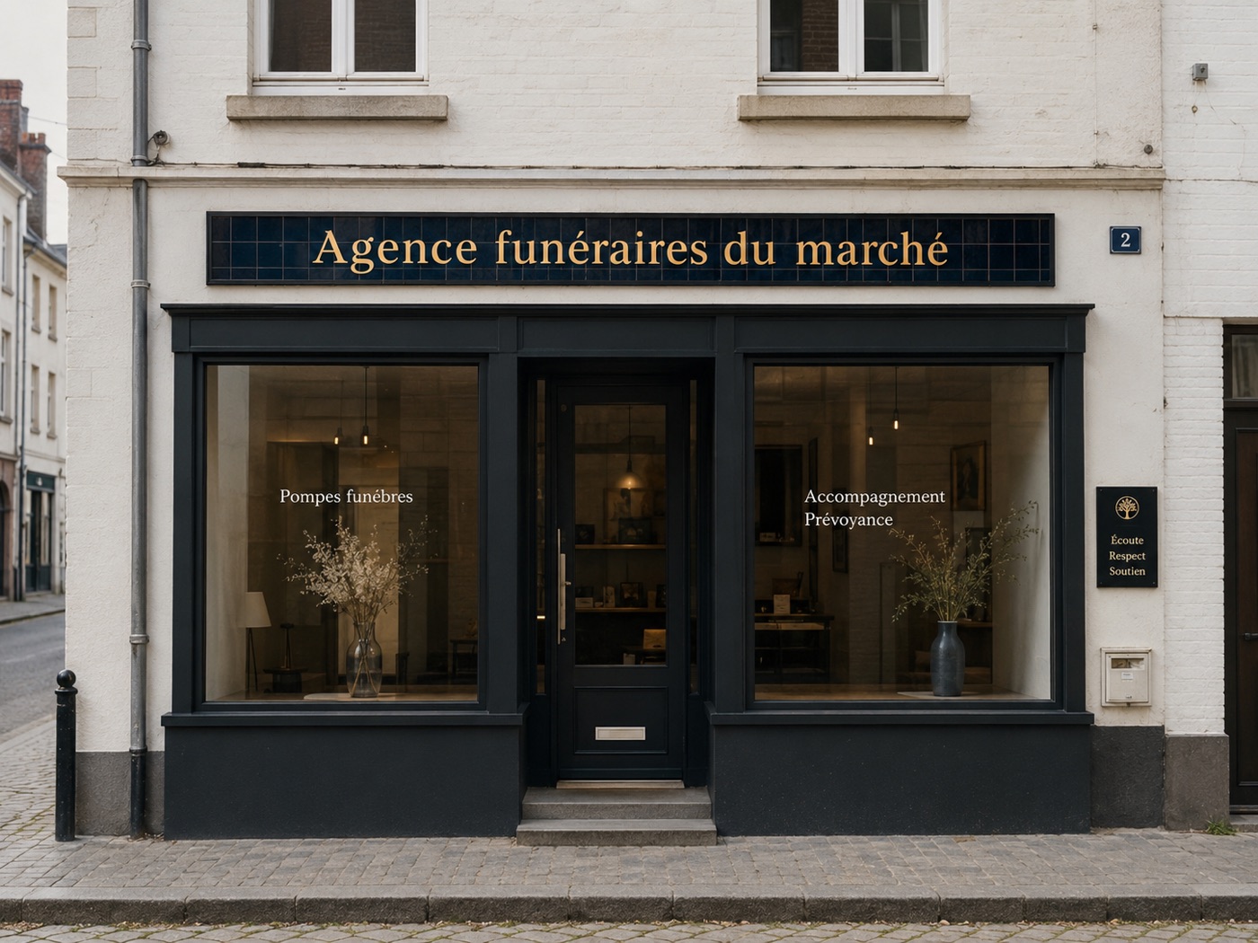 Enseigne d’agence de services en carreaux de céramique bleu nuit aux lettres dorées, devanture sobre