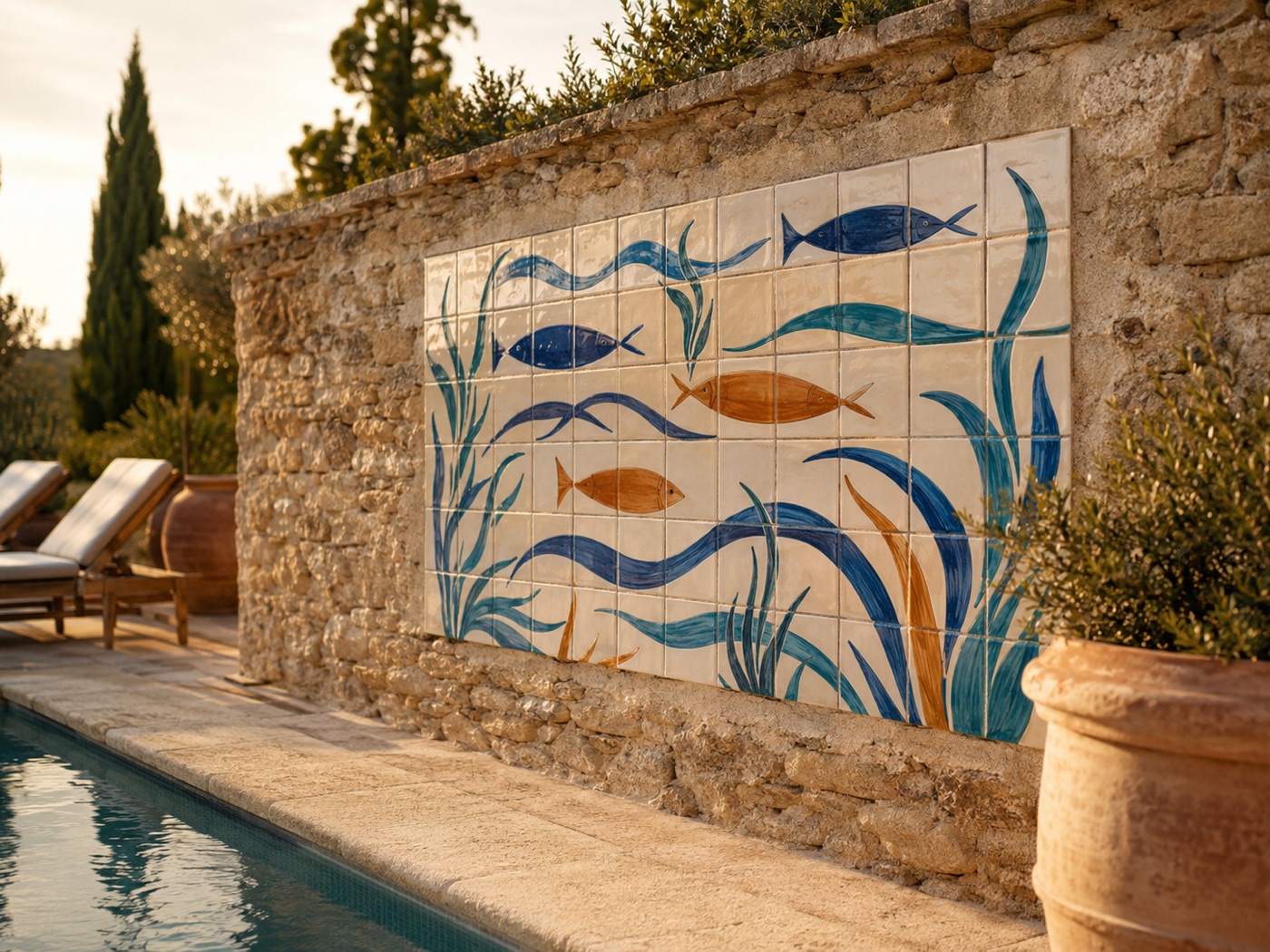 Décor mural de piscine en céramique émaillée à la main, vue 4 sur 5
