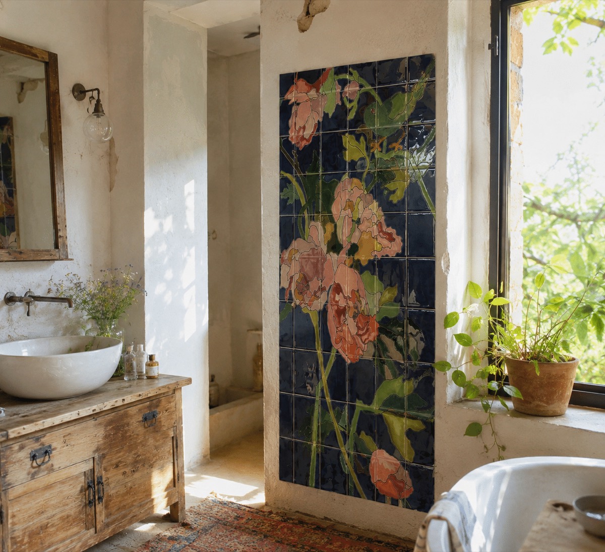 Fresque de salle de bain en céramique peinte à la main