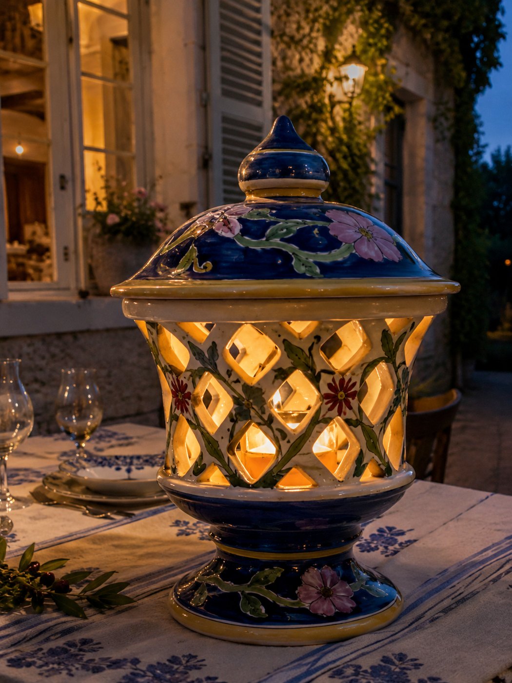 Lampe-lanterne en céramique ajourée en céramique émaillée à la main, vue 2 sur 3