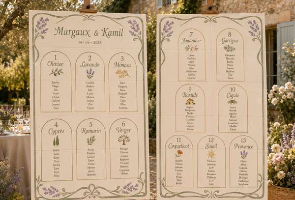 Plan de table « Margaux & Kamil » en deux panneaux de céramique aux brins de lavande, réception champêtre