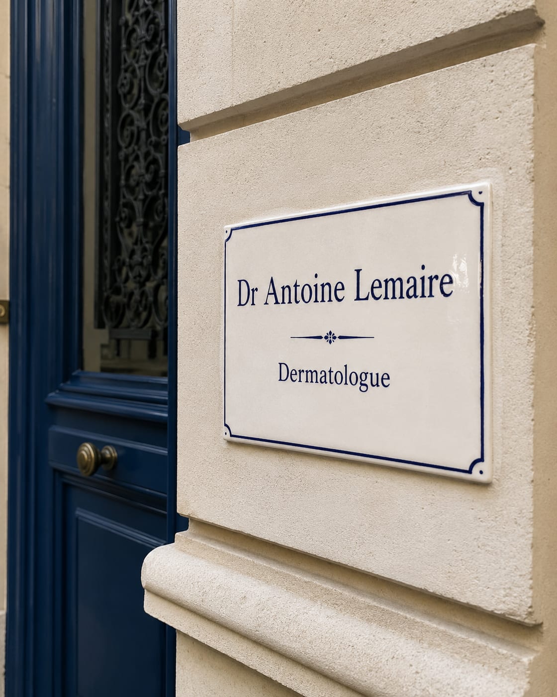 Plaque de dermatologue en céramique à liseré bleu marine, façade de pierre près d’une porte bleue
