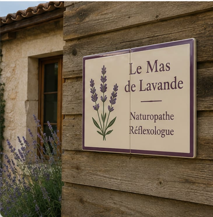 Plaque de naturopathe réflexologue en deux carreaux de céramique, brins de lavande, planches de bois
