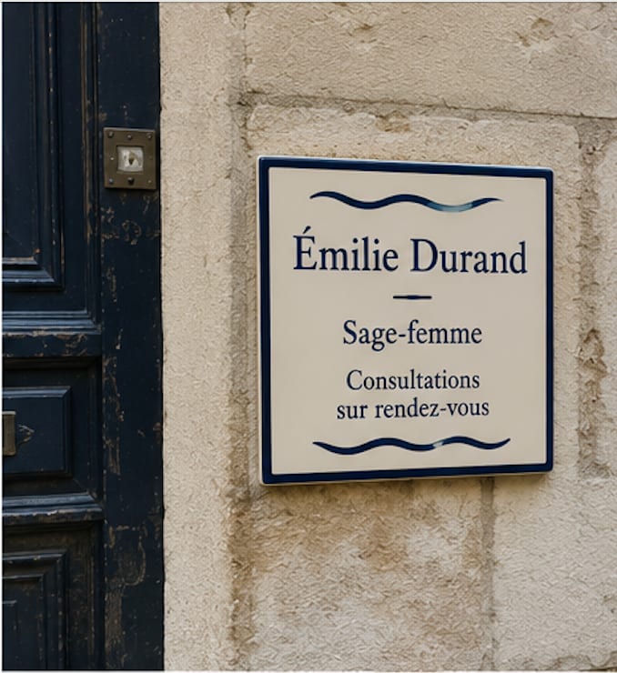 Plaque de sage-femme en céramique, vagues bleu marine, mur de pierre près d’une porte bleu nuit