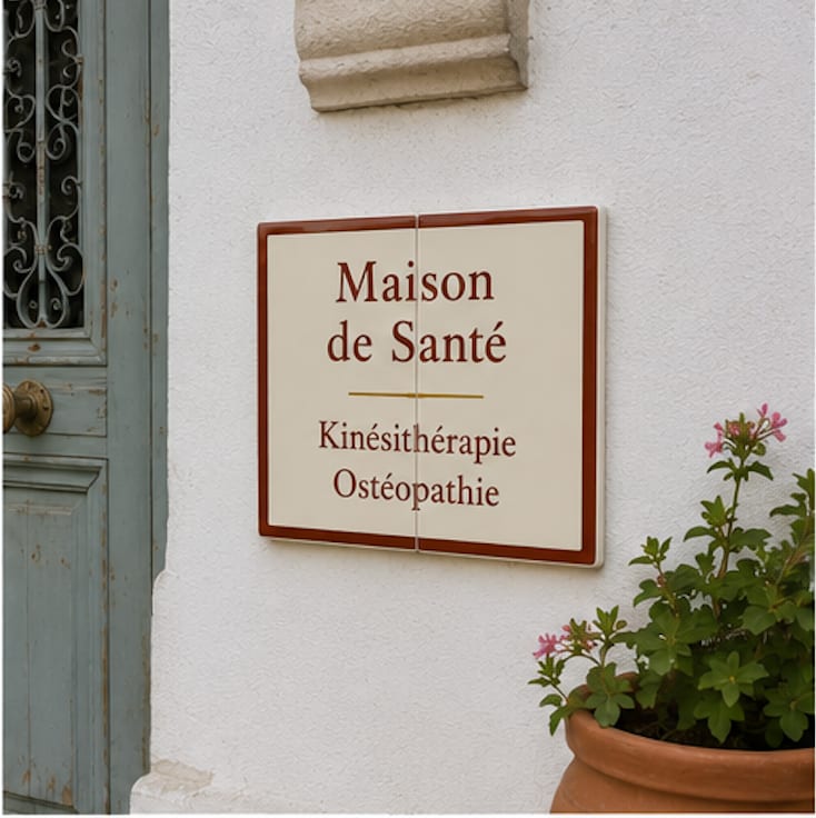 Plaque « Maison de Santé Kinésithérapie Ostéopathie » en deux carreaux de céramique, cadre brun rouge, mur blanc, fleurs roses